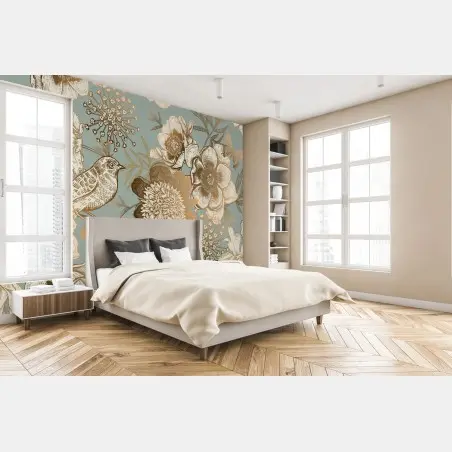 Papier peint motif floral vintage avec oiseau et papillons sur fond bleu-vert – Wallnifity®