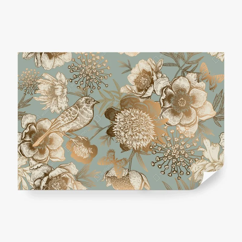 Papier peint motif floral vintage avec oiseau et papillons sur fond bleu-vert – Wallnifity® Papier peint motif floral vintage avec oiseau et papillons sur fond bleu-vert – Wallnifity®