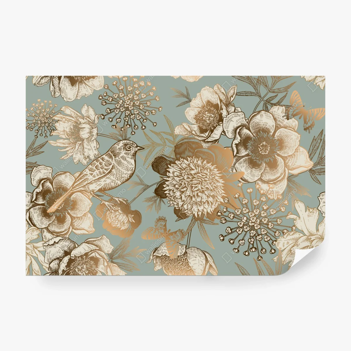 Papier peint motif floral vintage avec oiseau et papillons sur fond bleu-vert – Wallnifity® Papier peint motif floral vintage avec oiseau et papillons sur fond bleu-vert – Wallnifity®