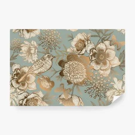 Papier peint motif floral vintage avec oiseau et papillons sur fond bleu-vert – Wallnifity®