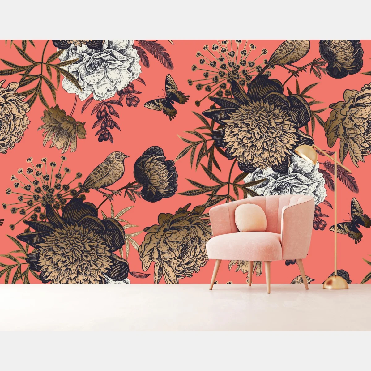 Papier peint motif floral vintage corail avec oiseaux et papillons – Wallnifity® Papier peint motif floral vintage corail avec oiseaux et papillons – Wallnifity®