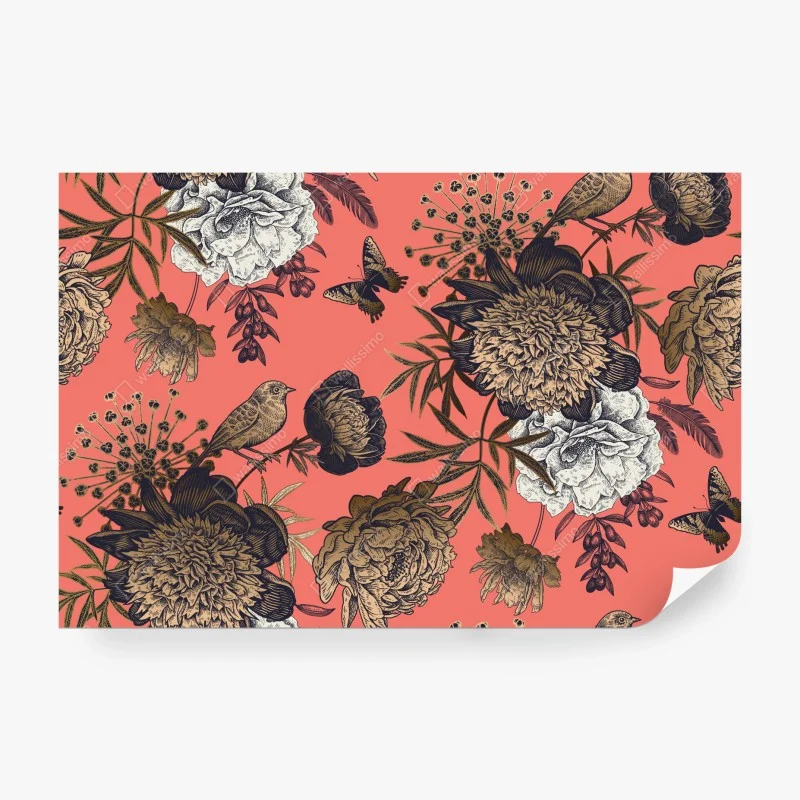 Papier peint motif floral vintage corail avec oiseaux et papillons – Wallnifity® Papier peint motif floral vintage corail avec oiseaux et papillons – Wallnifity®