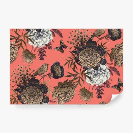 Papier peint motif floral vintage corail avec oiseaux et papillons – Wallnifity®
