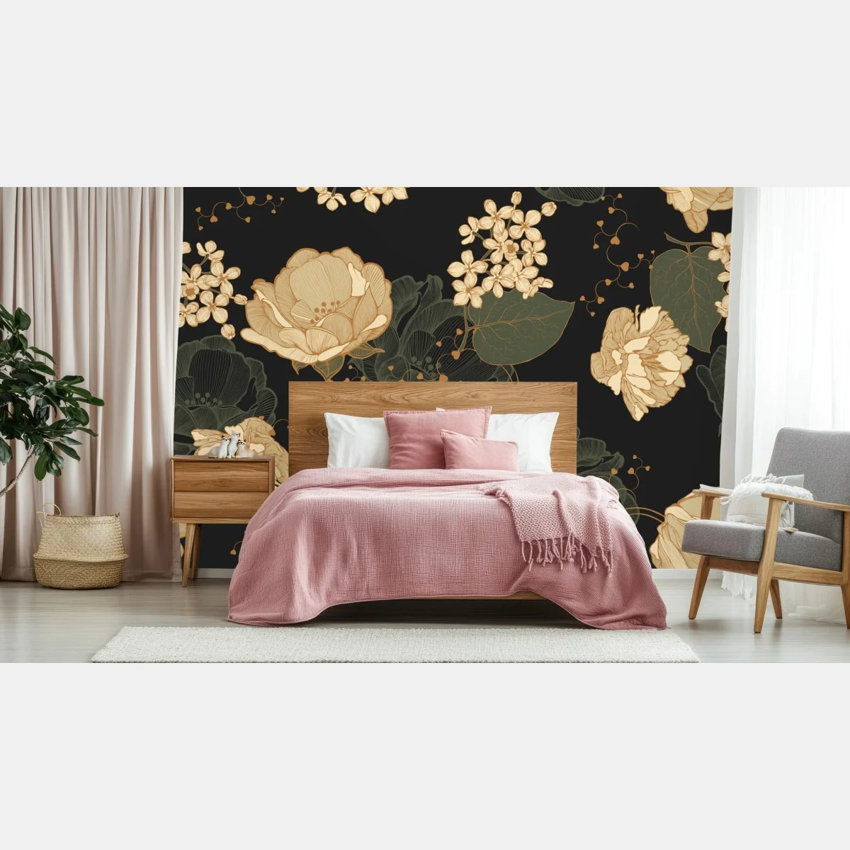 Papier peint motif floral doré sur fond noir – Wallnifity® Papier peint motif floral doré sur fond noir – Wallnifity®