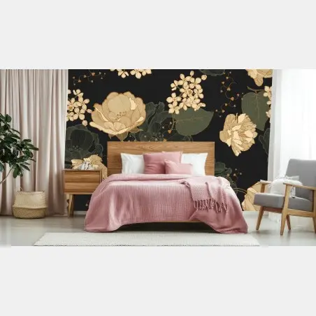 Papier peint motif floral doré sur fond noir – Wallnifity®