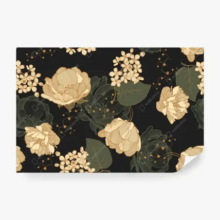 Papier peint motif floral doré sur fond noir – Wallnifity®