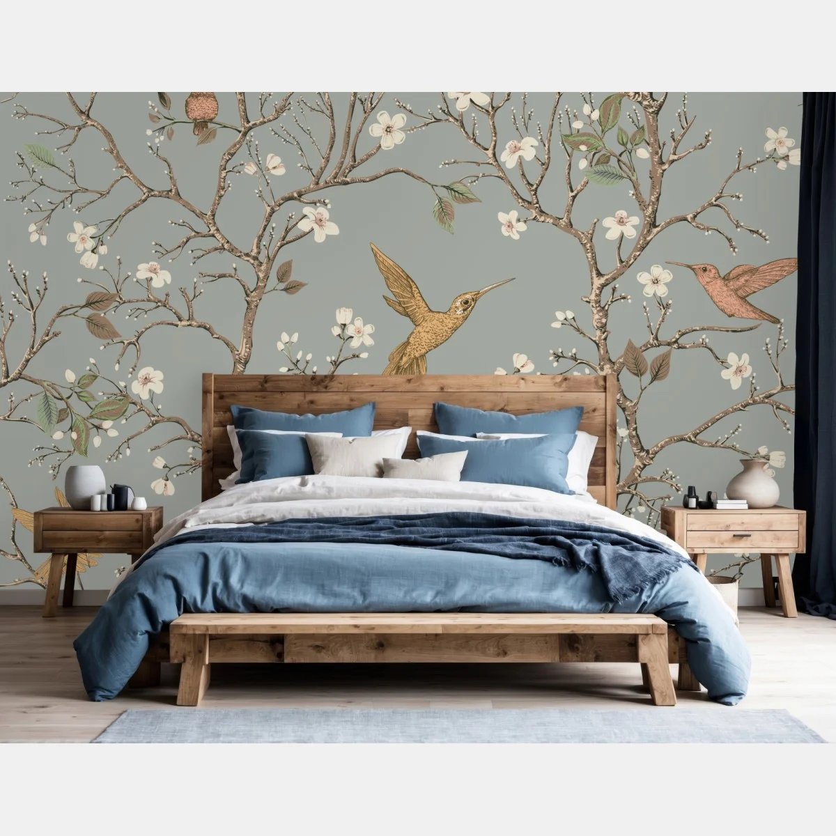 Papier peint colibris et fleurs sur fond vert doux – Wallnifity® Papier peint colibris et fleurs sur fond vert doux – Wallnifity®