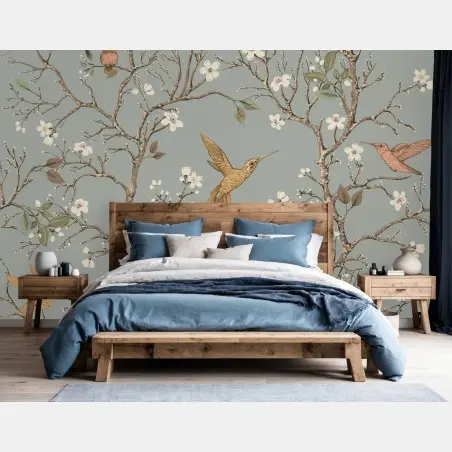 Papier peint colibris et fleurs sur fond vert doux – Wallnifity®