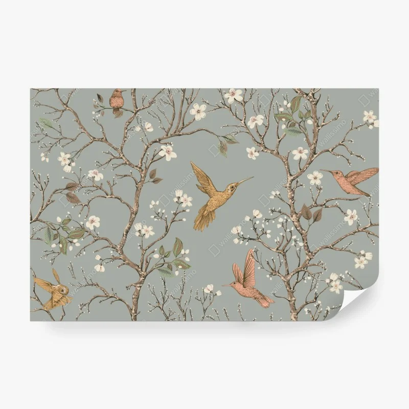 Papier peint colibris et fleurs sur fond vert doux – Wallnifity® Papier peint colibris et fleurs sur fond vert doux – Wallnifity®