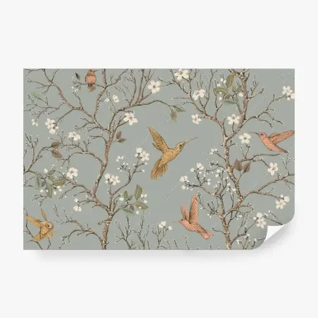 Papier peint colibris et fleurs sur fond vert doux – Wallnifity®