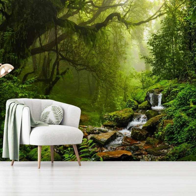 Papier peint forêt brumeuse et cascade émeraude – Wallnifity®