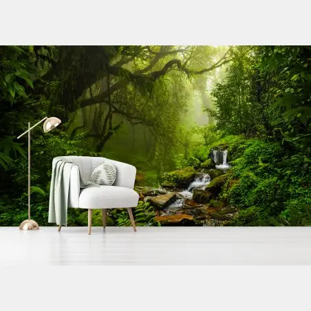 Papier peint forêt brumeuse et cascade émeraude – Wallnifity®