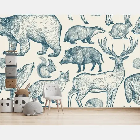 Papier peint motif d'animaux de la forêt style gravure – Wallnifity®