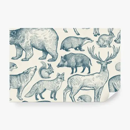 Papier peint motif d'animaux de la forêt style gravure – Wallnifity®