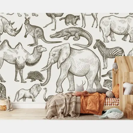 Papier peint motif d'animaux sauvages style gravure – Wallnifity®