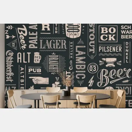 Papier peint ambiance pub rétro : lettrage bière et étiquettes – Wallnifity®