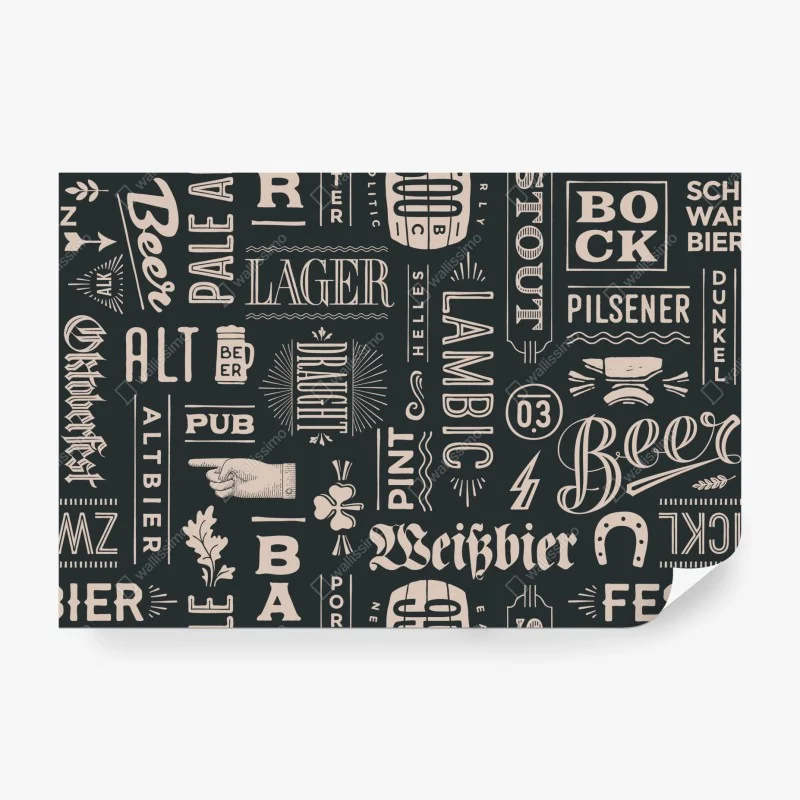 Papier peint ambiance pub rétro : lettrage bière et étiquettes – Wallnifity® Papier peint ambiance pub rétro : lettrage bière et étiquettes – Wallnifity®