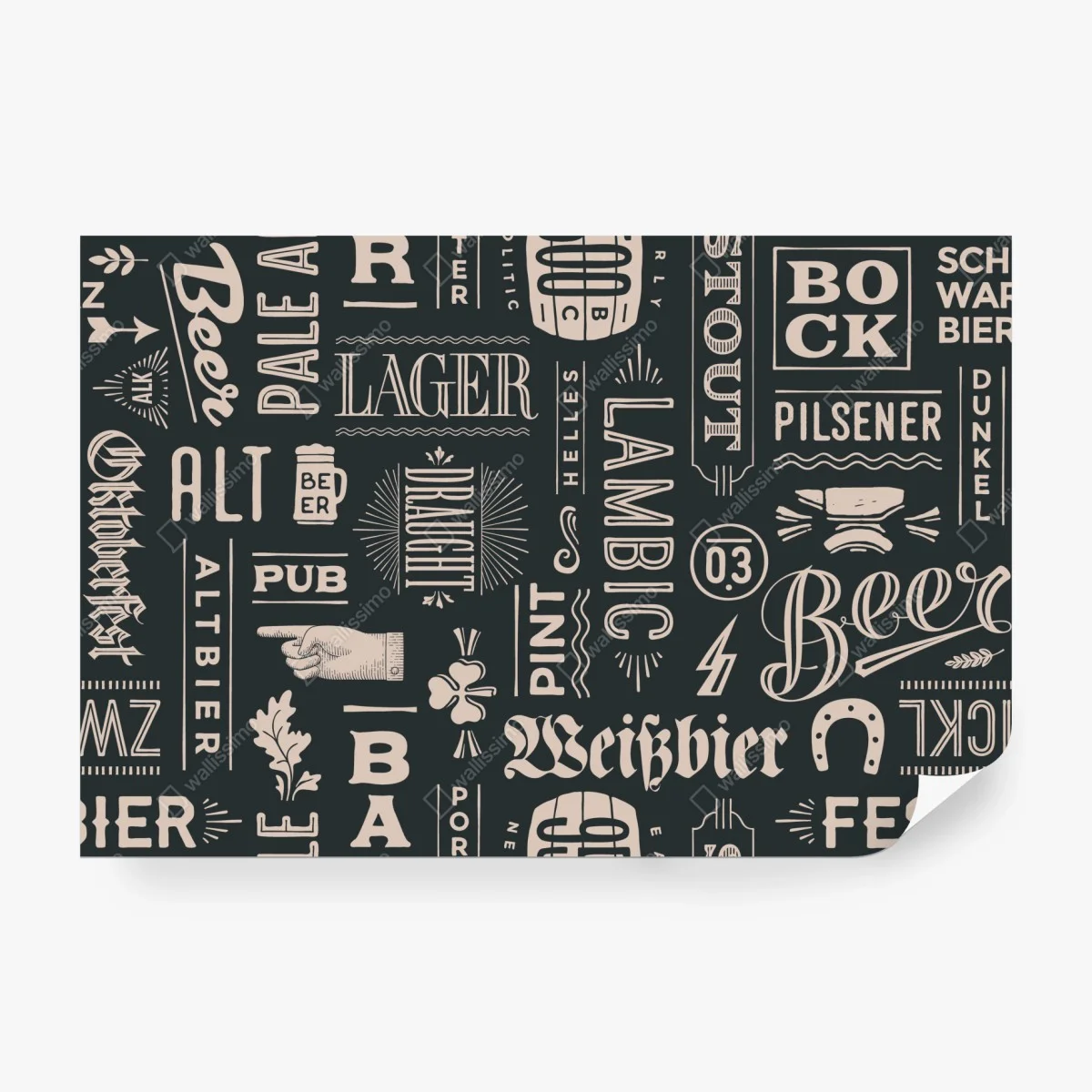 Papier peint ambiance pub rétro : lettrage bière et étiquettes – Wallnifity® Papier peint ambiance pub rétro : lettrage bière et étiquettes – Wallnifity®