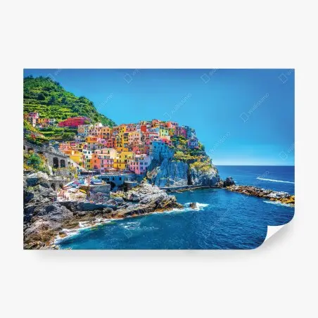 Papier peint village coloré sur la falaise méditerranéenne – Wallnifity®
