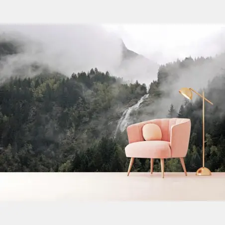 Papier peint cascade brumeuse au cœur de la forêt – Wallnifity®