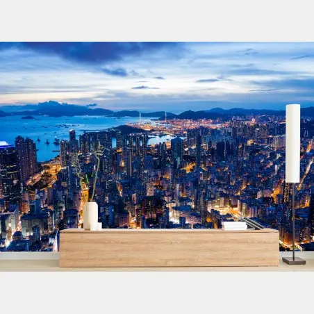 Papier peint vue aérienne nocturne de Hong Kong – Wallnifity®