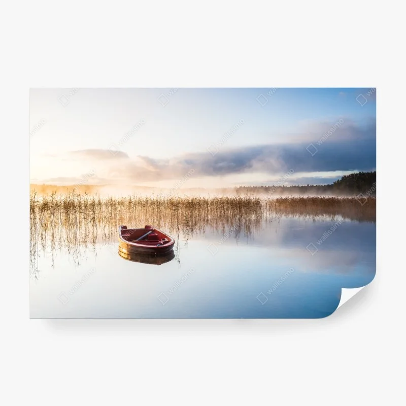Papier peint barque rouge sur un lac brumeux au petit matin – Wallnifity® Papier peint barque rouge sur un lac brumeux au petit matin – Wallnifity®