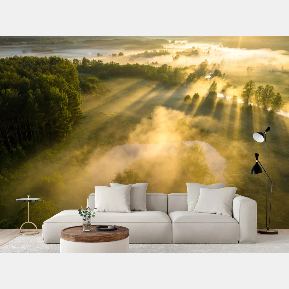 Papier peint rayons dorés sur prairie brumeuse – Wallnifity® Papier peint rayons dorés sur prairie brumeuse – Wallnifity®