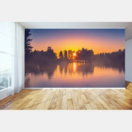 Papier peint coucher de soleil sur le lac brumeux – Wallnifity®