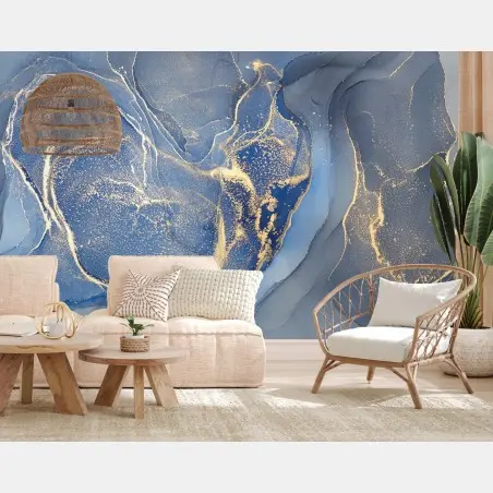 Papier peint vagues d'or sur fond bleu – Wallnifity®