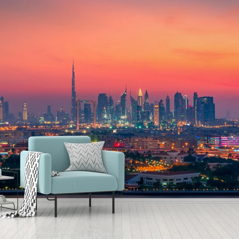 Papier peint horizon moderne au coucher de soleil — Dubaï – Wallnifity® Papier peint horizon moderne au coucher de soleil — Dubaï – Wallnifity®