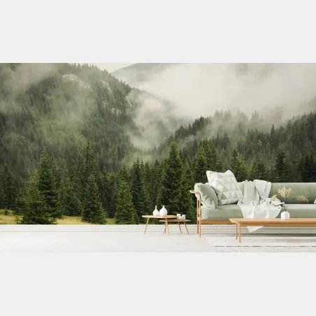 Papier peint brume matinale sur la forêt de sapins – Wallnifity®