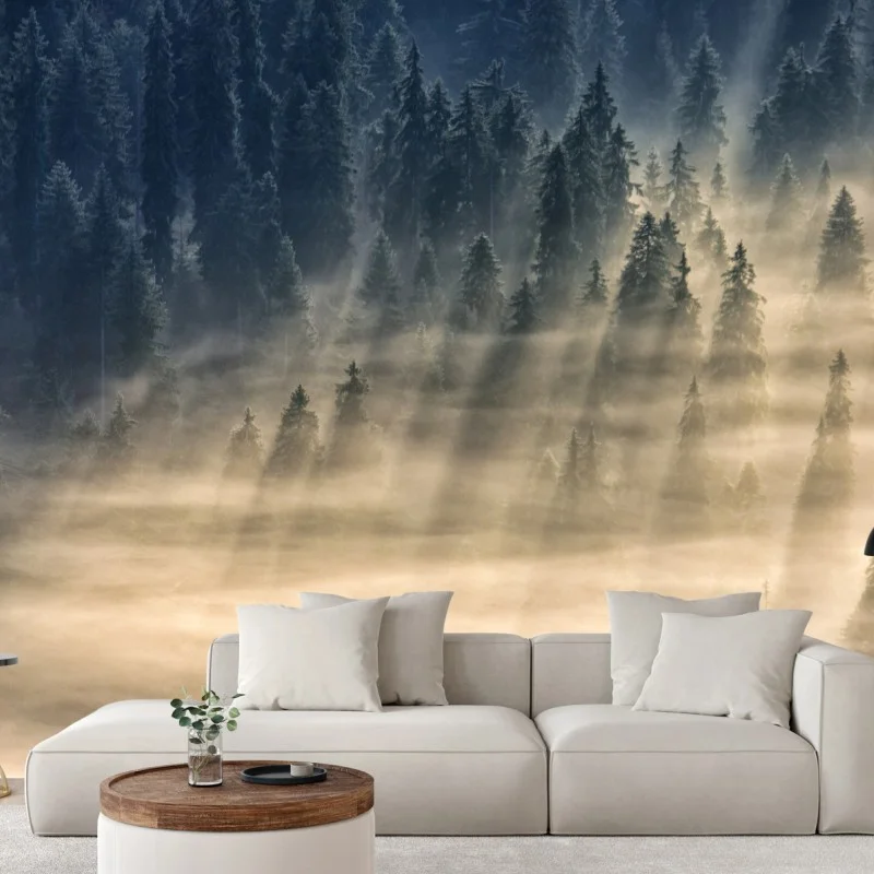 Papier peint brume matinale sur la vallée de sapins – Wallnifity® Papier peint brume matinale sur la vallée de sapins – Wallnifity®