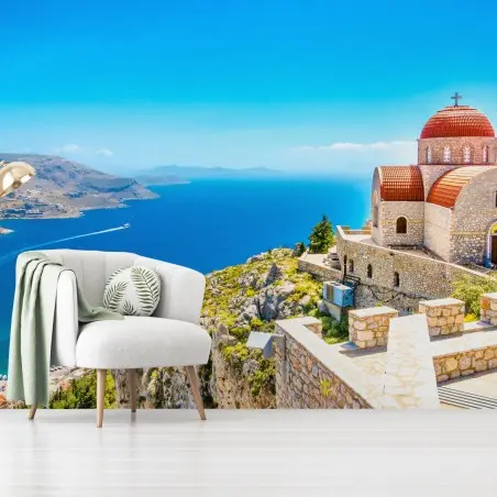 Papier peint paysage méditerranéen : église sur la falaise face à la mer – Wallnifity®