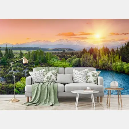 Papier peint coucher de soleil sur la rivière Clutha et les Alpes du Sud – Wallnifity®
