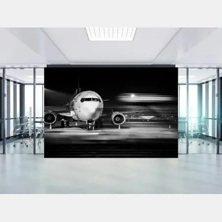 Papier peint avion sur le tarmac la nuit en noir et blanc – Wallnifity®