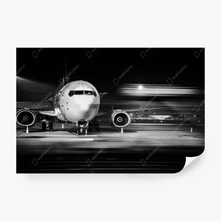 Papier peint avion sur le tarmac la nuit en noir et blanc – Wallnifity®