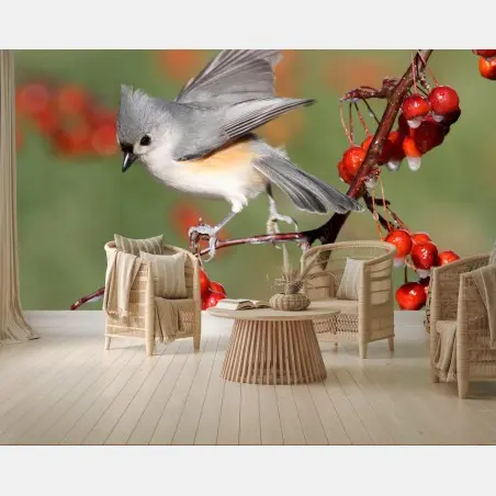 Papier peint oiseau délicat sur branche aux baies rouges – Wallnifity®