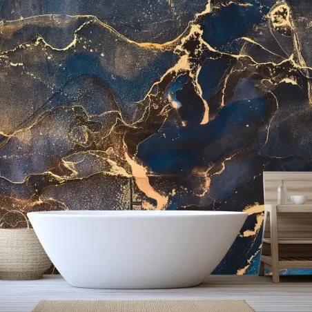 Papier peint vagues d'or sur bleu profond – Wallnifity®