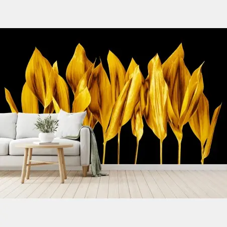 Papier peint feuilles dorées sur fond noir – Wallnifity®