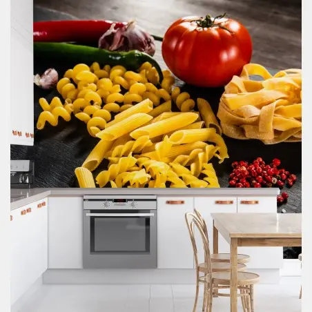 Papier peint composition de pâtes variées et ingrédients méditerranéens – Wallnifity®