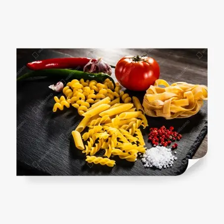 Papier peint composition de pâtes variées et ingrédients méditerranéens – Wallnifity®