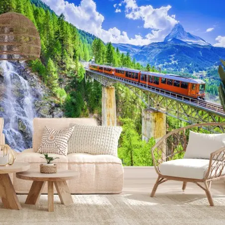 Papier peint train panoramique sur viaduc à Zermatt avec le Cervin – Wallnifity®