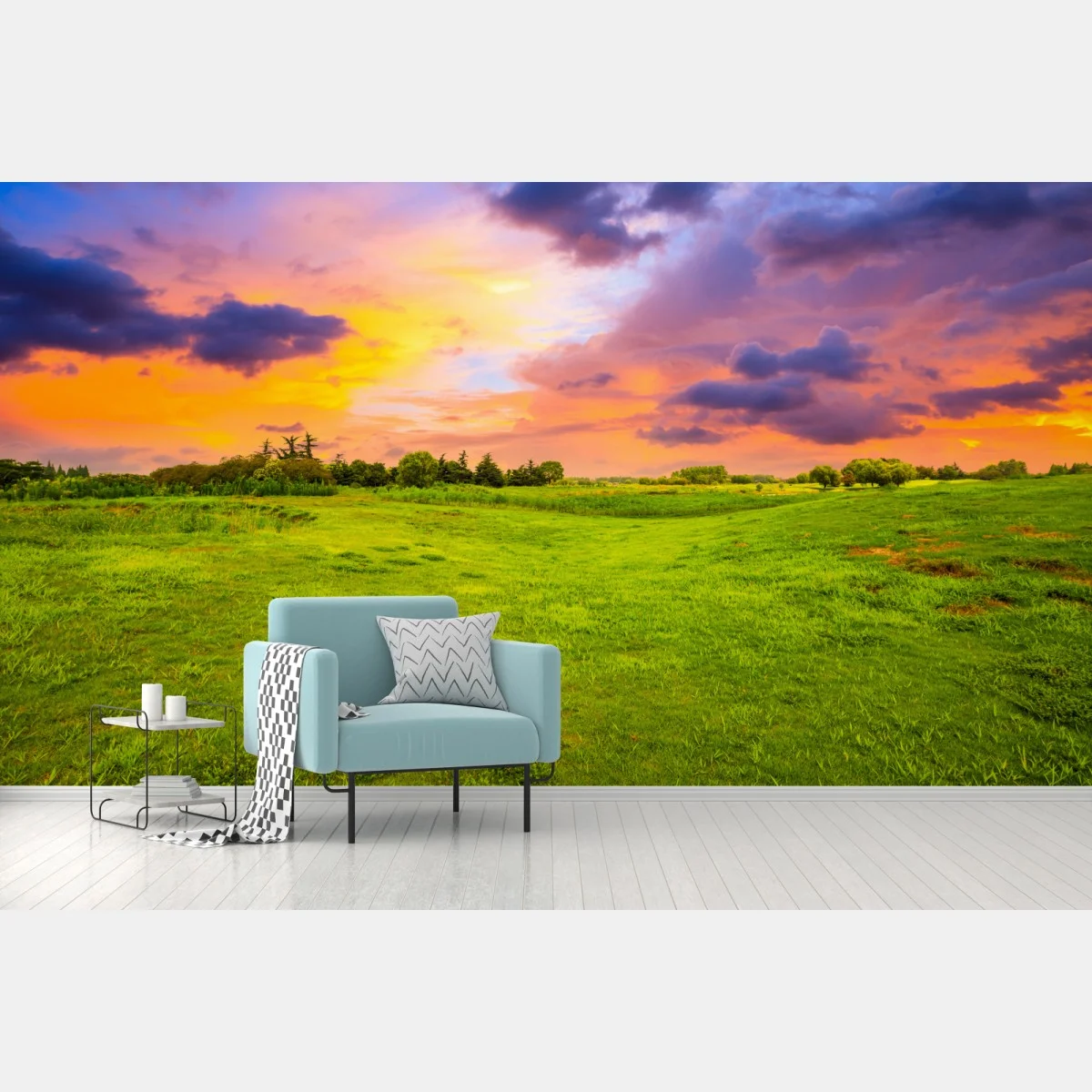 Papier peint coucher de soleil sur prairie verdoyante – Wallnifity® Papier peint coucher de soleil sur prairie verdoyante – Wallnifity®