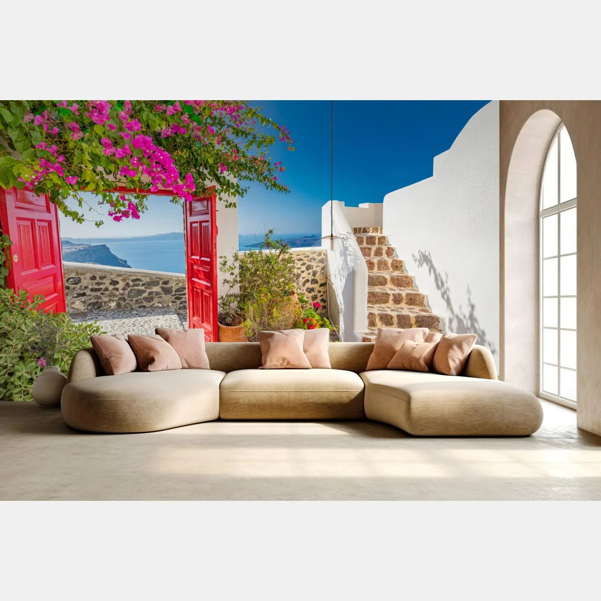 Papier peint balcon ensoleillé à Santorin – Wallnifity® Papier peint balcon ensoleillé à Santorin – Wallnifity®