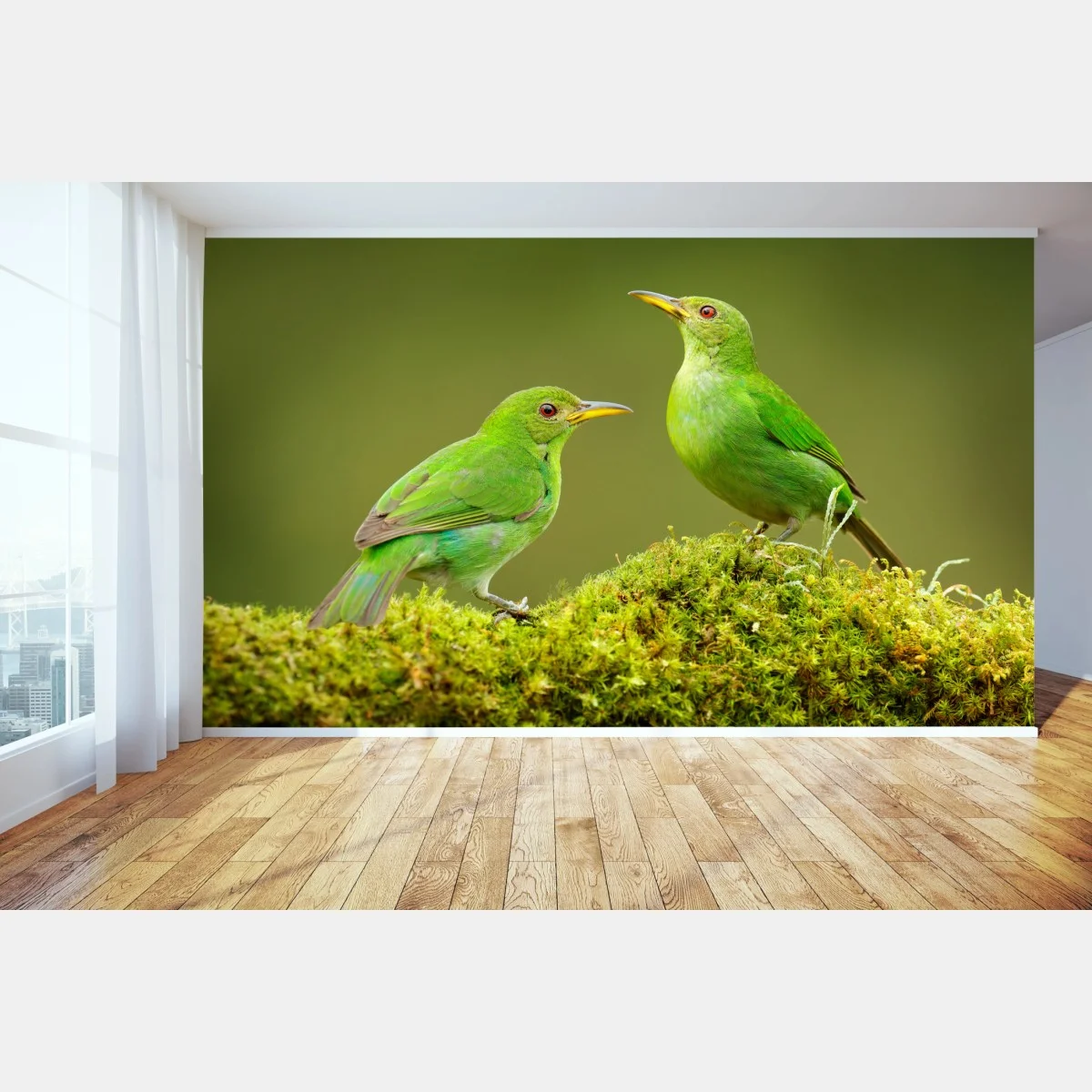 Papier peint deux oiseaux tropicaux verts sur tapis de mousse – Wallnifity® Papier peint deux oiseaux tropicaux verts sur tapis de mousse – Wallnifity®