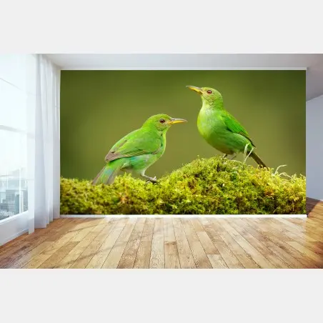 Papier peint deux oiseaux tropicaux verts sur tapis de mousse – Wallnifity®
