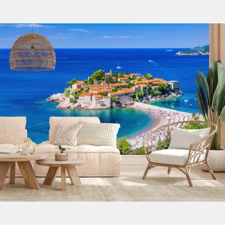 Papier peint vue panoramique de Sveti Stefan, Monténégro – Wallnifity®