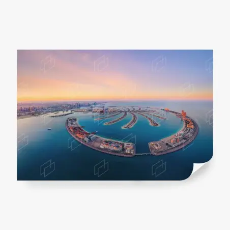 Papier peint coucher de soleil sur Palm Jumeirah, ligne d'horizon de Dubaï – Wallnifity®