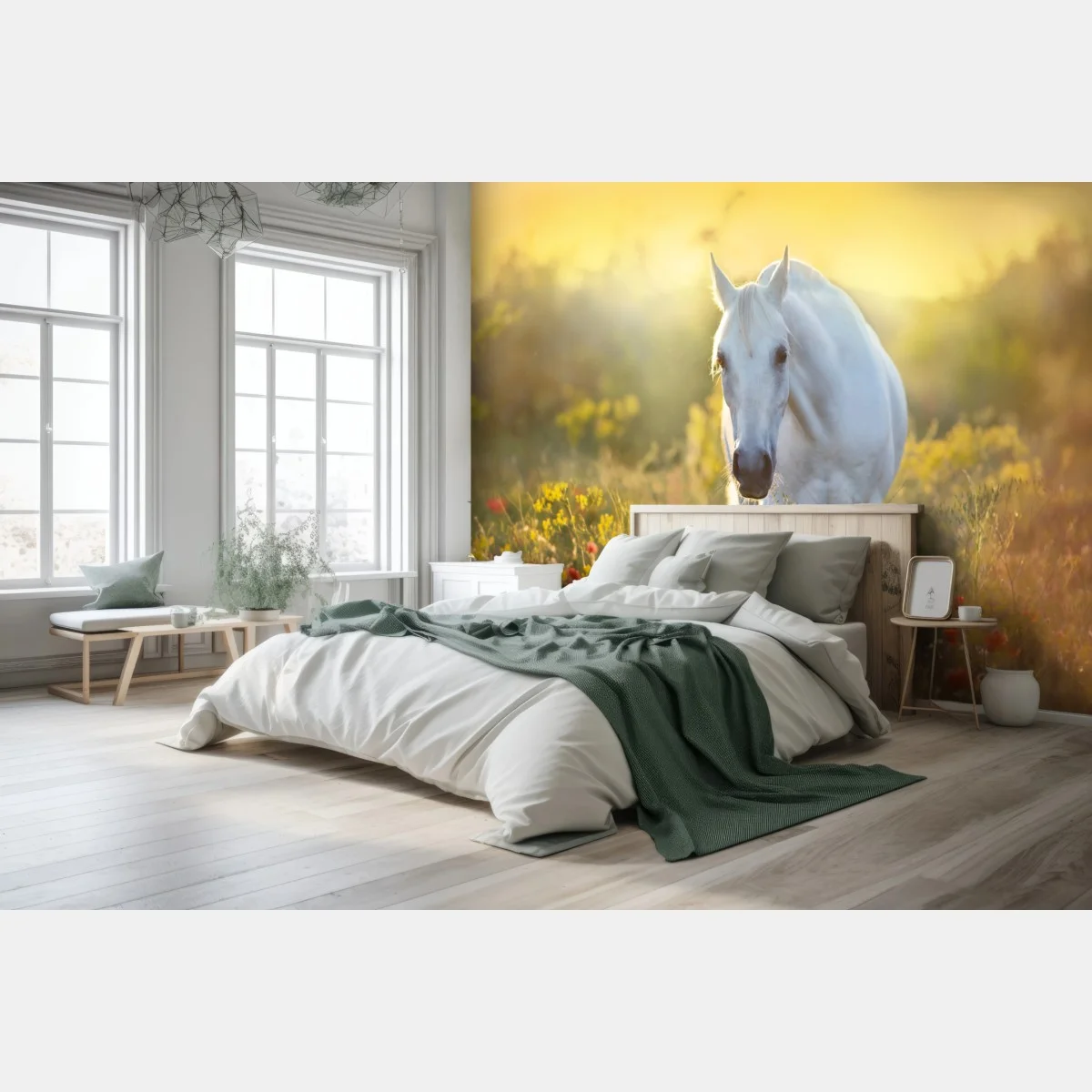 Papier peint cheval blanc dans un champ de coquelicots au lever du soleil – Wallnifity® Papier peint cheval blanc dans un champ de coquelicots au lever du soleil – Wallnifity®