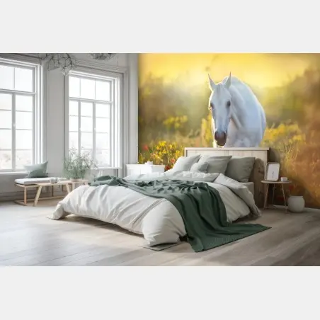 Papier peint cheval blanc dans un champ de coquelicots au lever du soleil – Wallnifity®